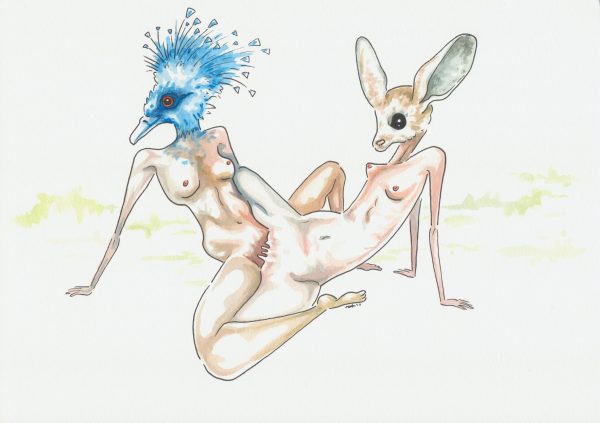 A bird lady and a deer lady scissoring