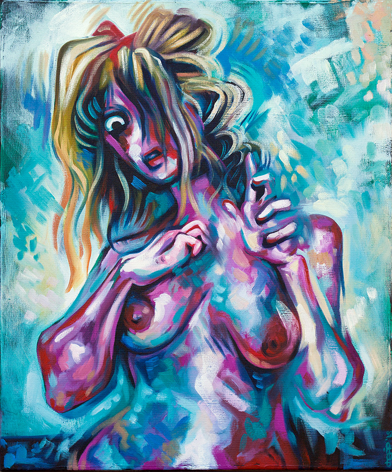 Oil painting of a nude blue woman, one eye covered by hair