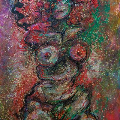 Glitter-covered iil painting of a nude woman