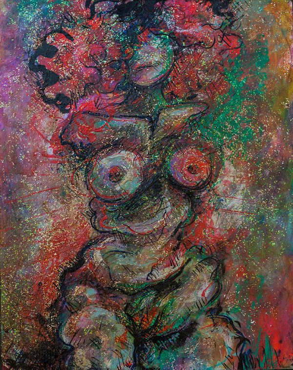 Glitter-covered iil painting of a nude woman