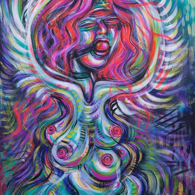 Psychedelic painting of a bird woman with wings spread and a ball gag