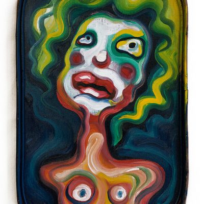 Amputee clown painted on a wooden platter