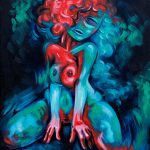 Nude oil painting of a woman in vivid blue and red