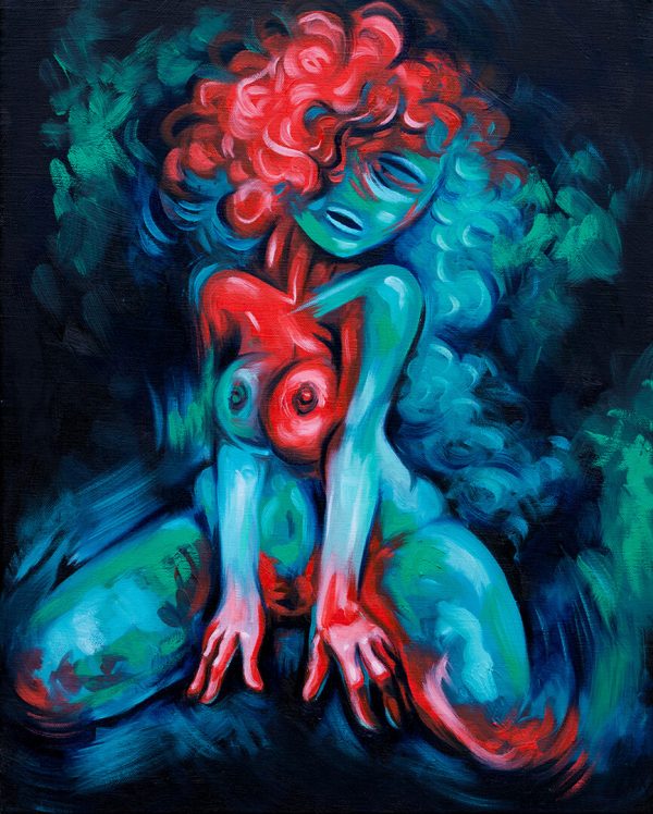 Nude oil painting of a woman in vivid blue and red