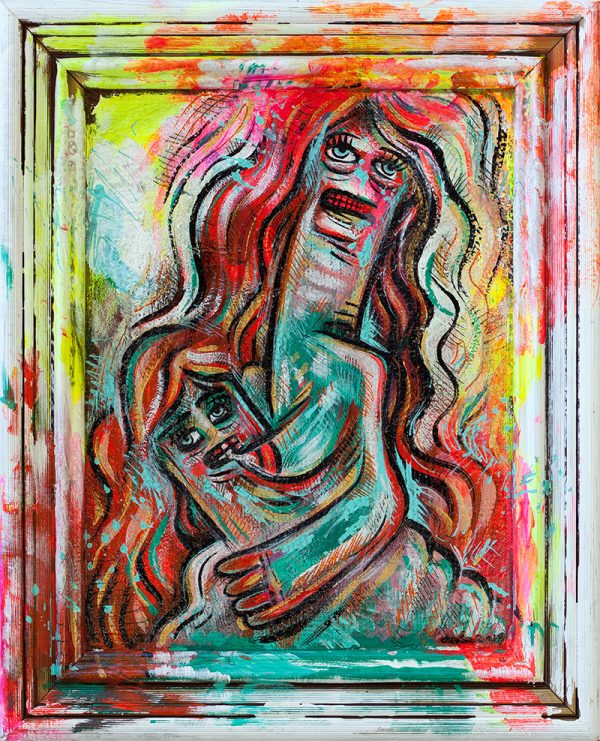 Breastfeeding woman painted over the top of an old painting, framed