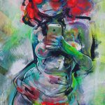 Oil painting of a nude woman taking a selfie with an iPhone