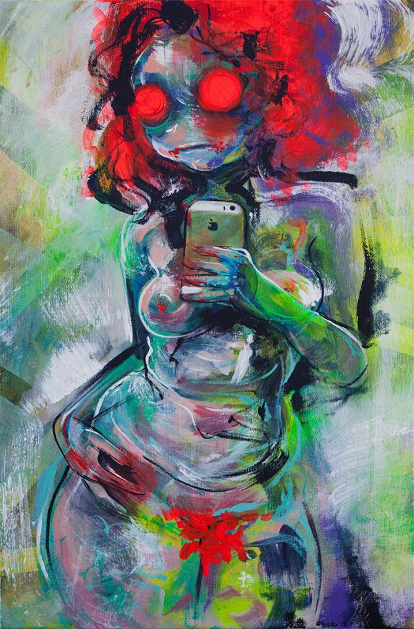 Oil painting of a nude woman taking a selfie with an iPhone