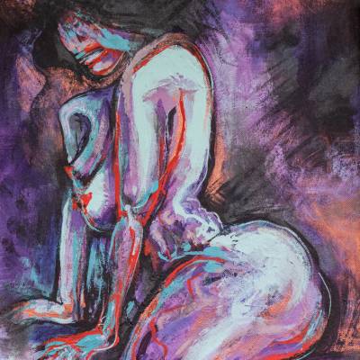 Faceless oil painting of a nude woman reclining on her side
