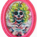 Oval painting of a skull-faced nude woman with a bright perm