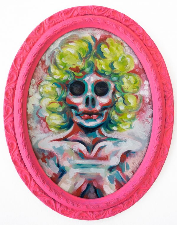 Oval painting of a skull-faced nude woman with a bright perm