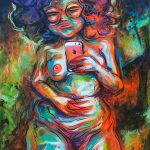 Oil painting of a woman kneeling and taking an iPhone selfie in a mirror