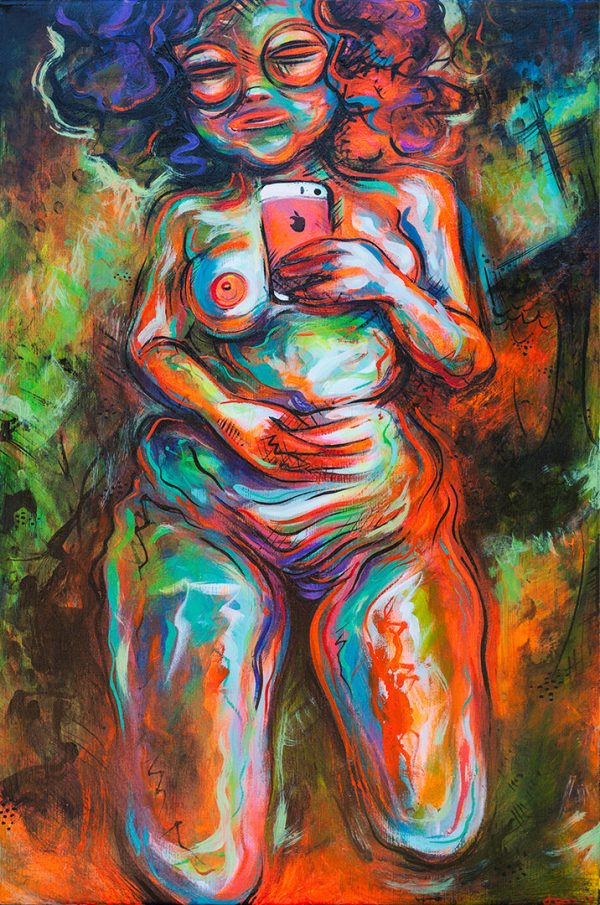 Oil painting of a woman kneeling and taking an iPhone selfie in a mirror