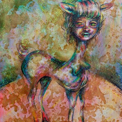 Deer with a woman's face and breasts, covered in glitter
