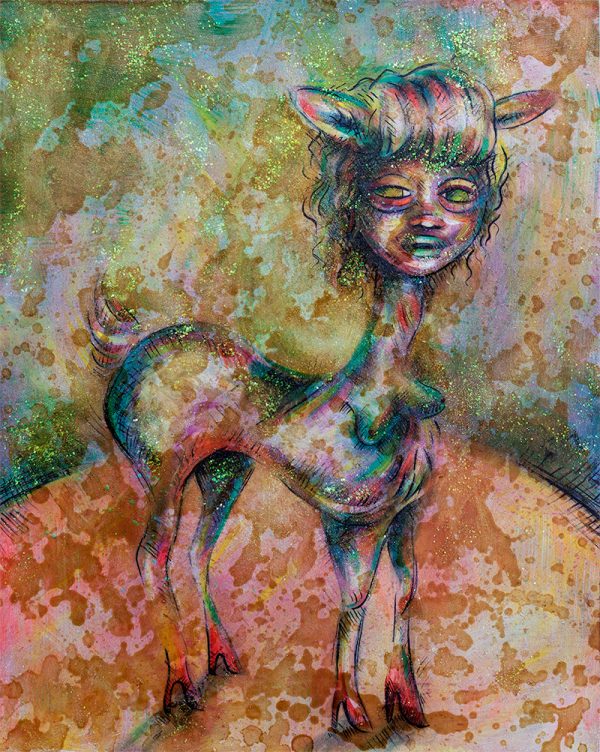 Deer with a woman's face and breasts, covered in glitter