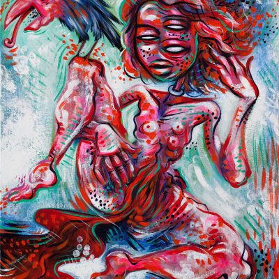 Three-eyed witch woman bleeding red from her vulva, with a bird perched on her knee