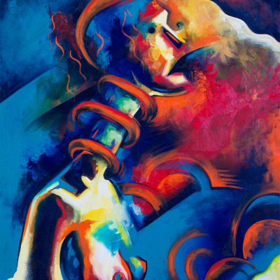 Woman with an elongated neck, coiled in colours